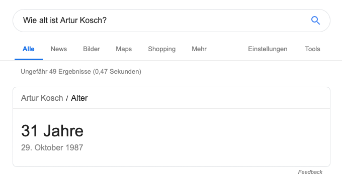 Alter vom Artur-Kosch - Entität bei Google