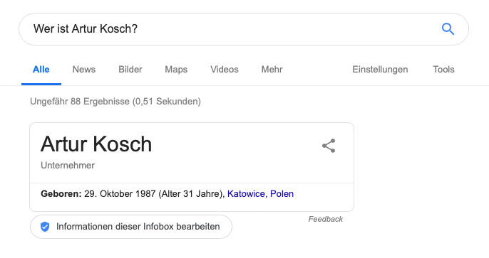Artur Kosch als Entität bei der Suche nach der Person