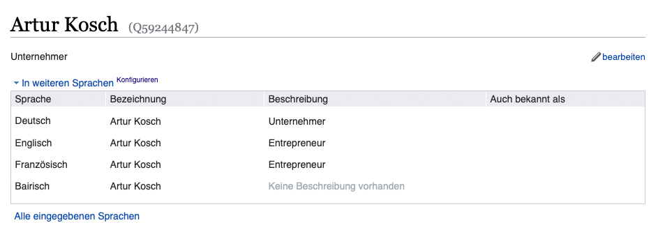 „Artur Kosch“ wird als Entität bei Wikidata anlegt.